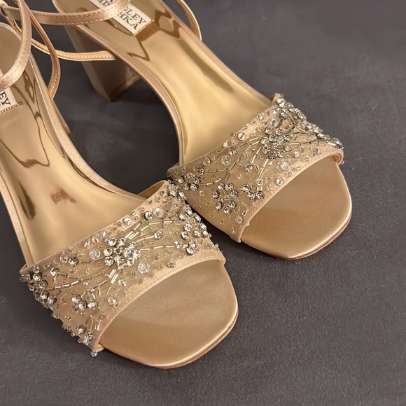 Badgley Mischka Blaine Embellished Block Heel Latte Satin - Picture 9 of 13